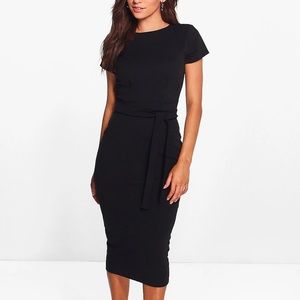 Black Pleat Front Belted Tailored Midi Dress
